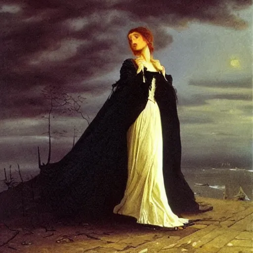 Image similar to A beautiful victorian woman, gothic dress, flowing hair, oil painting, portrait, dramatic lighting, masterpiece, painted by Caspar David Friedrich