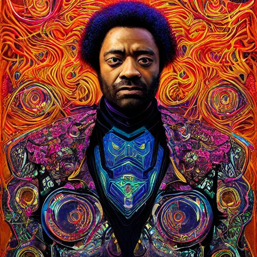 Image similar to portrait of chiwetel ejiofor, hyper detailed masterpiece, neon floral pattern, jean giraud, digital art painting, darkwave goth aesthetic, psychedelic, artgerm, donato giancola and tom bagshaw