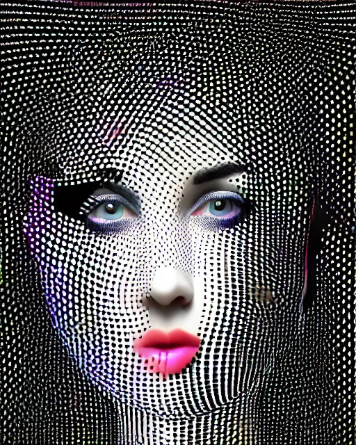 Image similar to a beautiful female face made of illusory motion dazzle camouflage perlin noise optical illusion