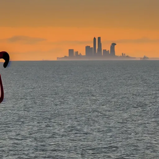 Image similar to photo of a giant colossal flamingo in the distant horizon beyond city skyline