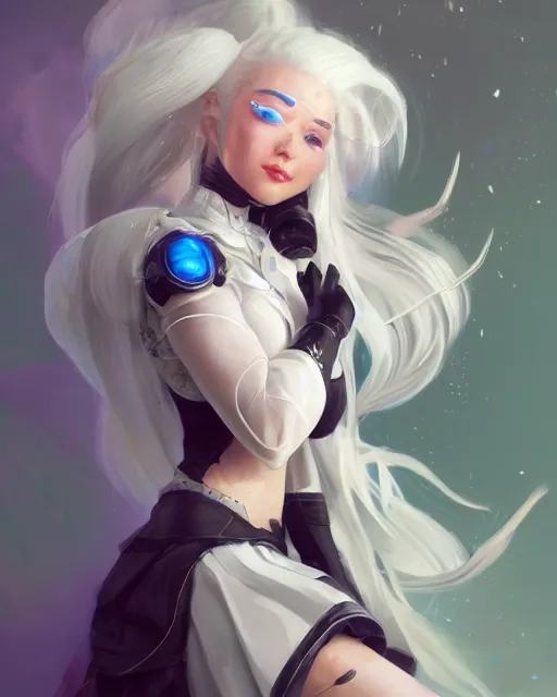 Image similar to cyborg girl with white hair and black skirt, flower decorations, dreamy, beautiful illustration, scifi, radiant, atmosphere, harmony, top lighting, blue eyes, focused, perfect composition, artstation, highly detailed, art by yuhong ding and chengwei pan and serafleur and ina wong