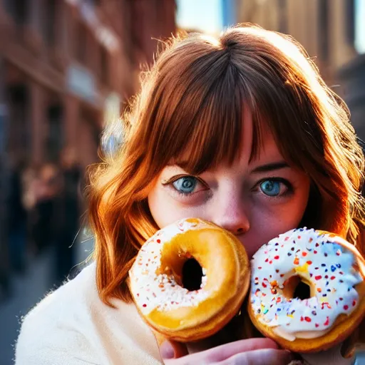 Image similar to photo of cute teenage emma stone, freckles, holding bunch of donuts, street of moscow, shallow depth of field, cinematic, 8 0 mm, f 1. 8