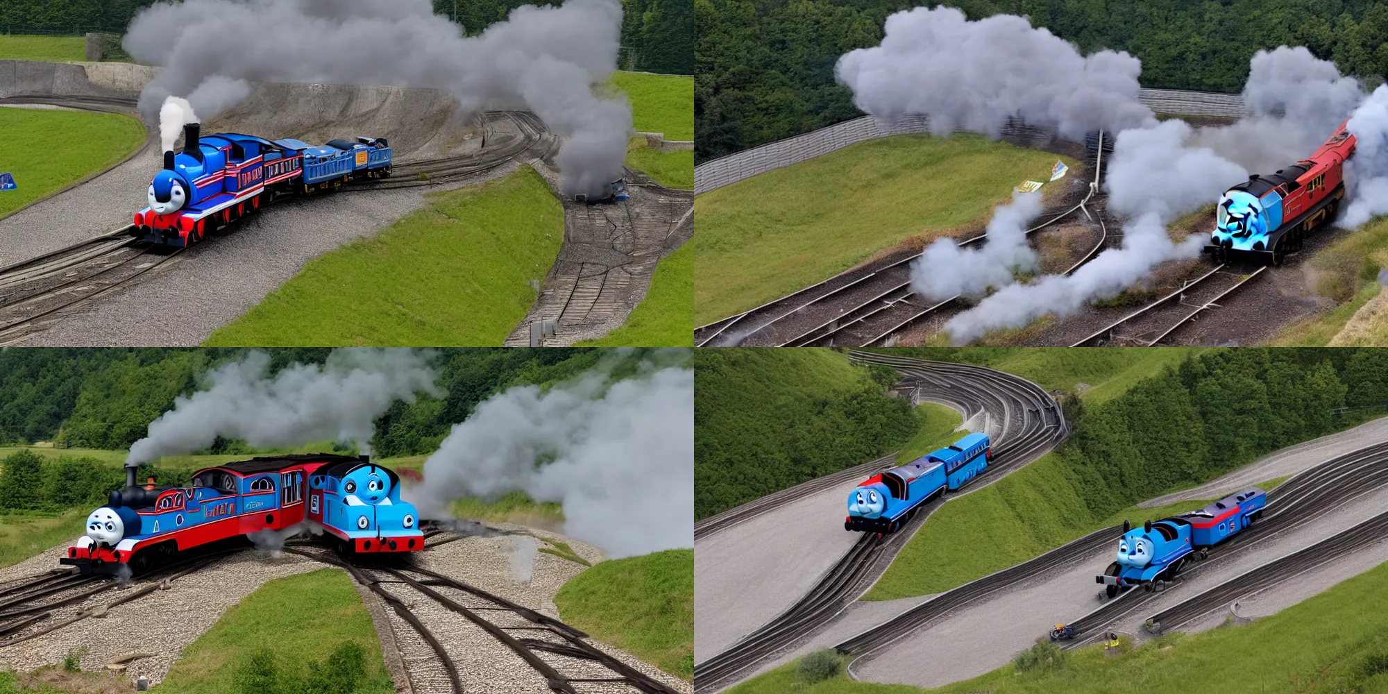 Prompt: Thomas the Tank Engine, drifting around a corner, smoke trailing out the back, on the race track at the Nurburgring Nordschleife setting a hot lap, on the race track not train tracks