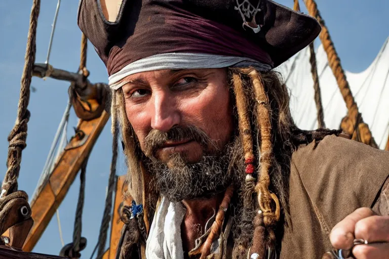 Prompt: closeup old pirate with a flintlock pistol on an old pirate ship, by emmanuel lubezki