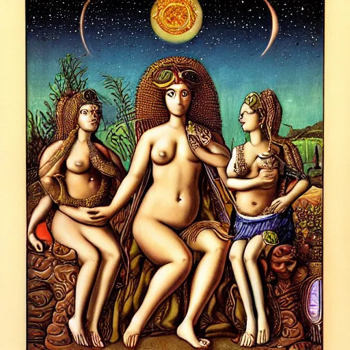 Image similar to by emek golan casual. the computer art shows venus seated on a crescent moon. she is surrounded by the goddesses ceres & bacchus, who are both holding cornucopias.