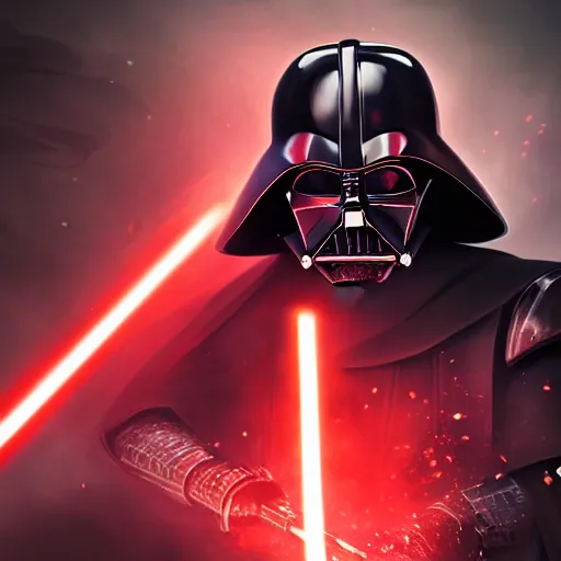 Image similar to portrait of darth vader wielding red lightsabre, league of legends amazing splashscreen artwork, legends of runeterra, splash art, natural light, elegant, photorealistic facial features, intricate, fantasy, detailed face, atmospheric lighting, anamorphic lens flare, cinematic lighting, league of legends splash art, hd wallpaper, ultra high details by greg rutkowski