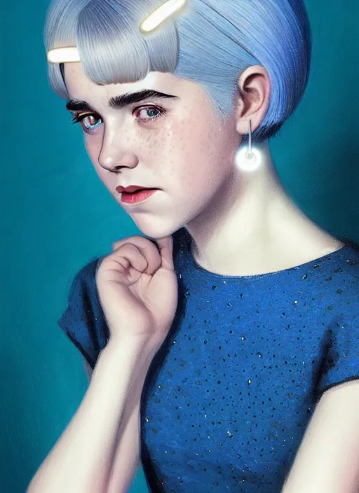 Prompt: portrait of kiernan shipka with freckles, white hair, big 1 9 6 0 s bob hairstyle with bangs and hairband, blue 1 9 6 0 s dress, intricate, elegant, glowing lights, highly detailed, digital painting, artstation, concept art, smooth, sharp focus, illustration, art by wlop, mars ravelo and greg rutkowski