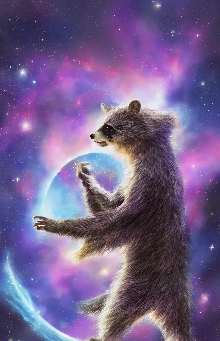 Image similar to A digital concept art painting a space cosmic racoon in the stars, space art concept