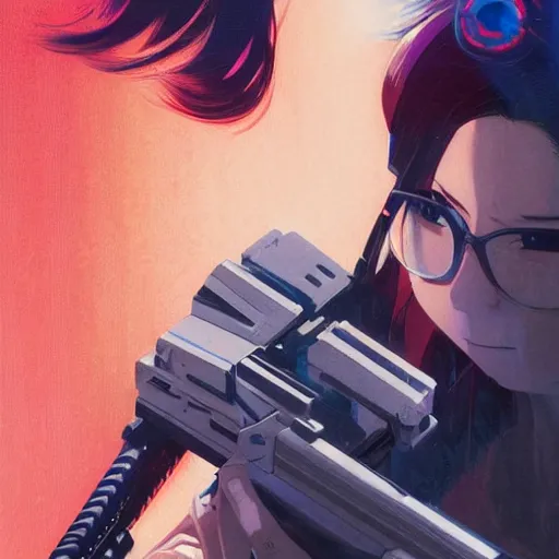 Image similar to nerd holding a blaster, very very anime!!!, fine - face, realistic shaded perfect face, fine details. anime. realistic shaded lighting poster by ilya kuvshinov katsuhiro otomo ghost - in - the - shell, magali villeneuve, artgerm, jeremy lipkin and michael garmash and rob rey