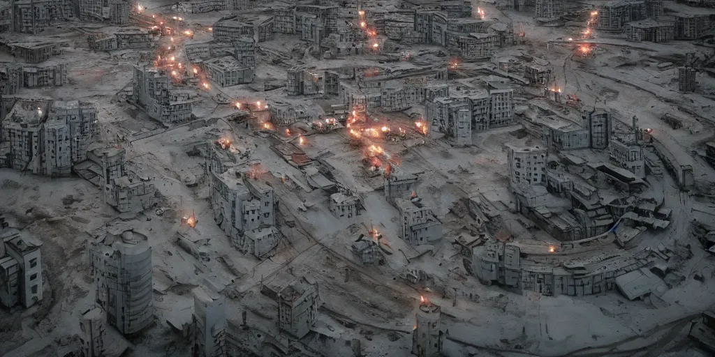 Image similar to cinematic shot of a city in the moon's hollow, norilsk russian orbit city cityscape, telephoto, iconic scene from the paranoid thriller sci fi film directed by stanley kubrick, anamorphic cinematography, beautiful composition, color theory, leading lines, photorealistic, moody volumetric lighting