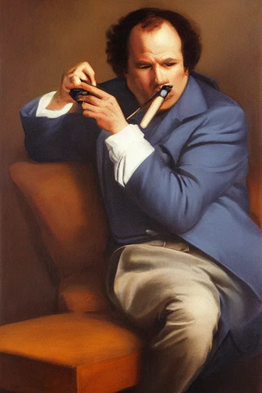 Image similar to portrait of george constanza, smoking a pipe, atmospheric