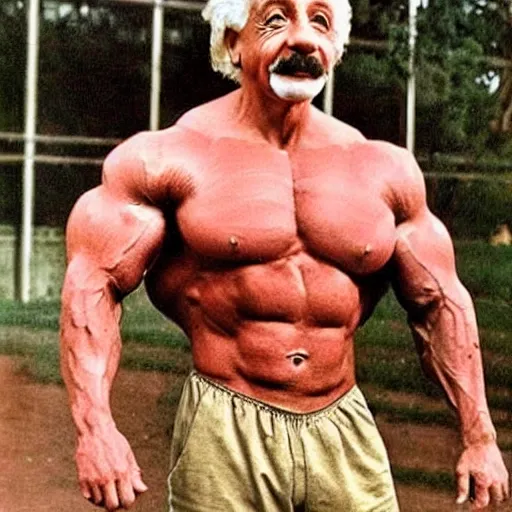 Image similar to bodybuilder albert einstein