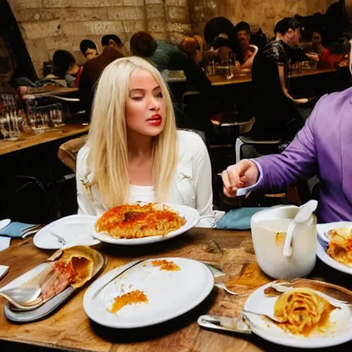 Prompt: a blonde woman & Michael mcintyre eating lasagne in Porto, greg rutkowski