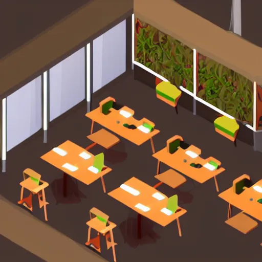 Image similar to isometric cartoon of cannabis leaf cafe with desks and chairs, by benoit mandelbrot, low poly minimal interior design