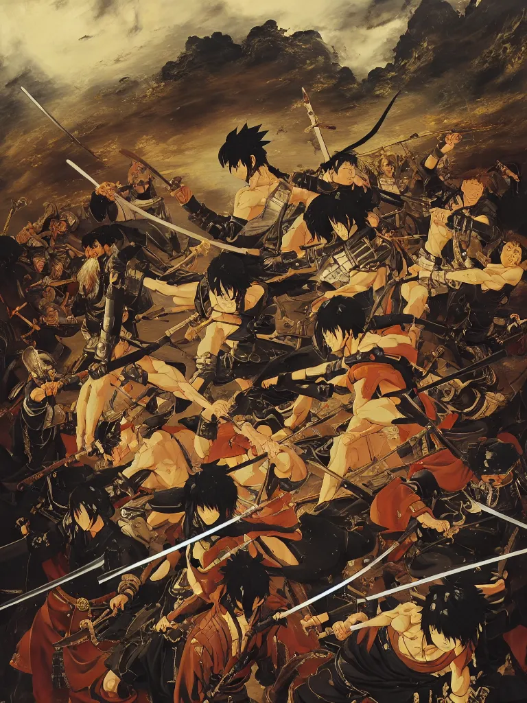 Image similar to baroque oil painting of key visual large scale samurai battle, akira kurosawa, brutalist fantasy, rule of thirds golden ratio, fake detail, trending pixiv fanbox, acrylic palette knife, style of makoto shinkai ghibli takashi takeuchi yoshiyuki sadamoto jamie wyeth james gilleard greg rutkowski chiho aoshima