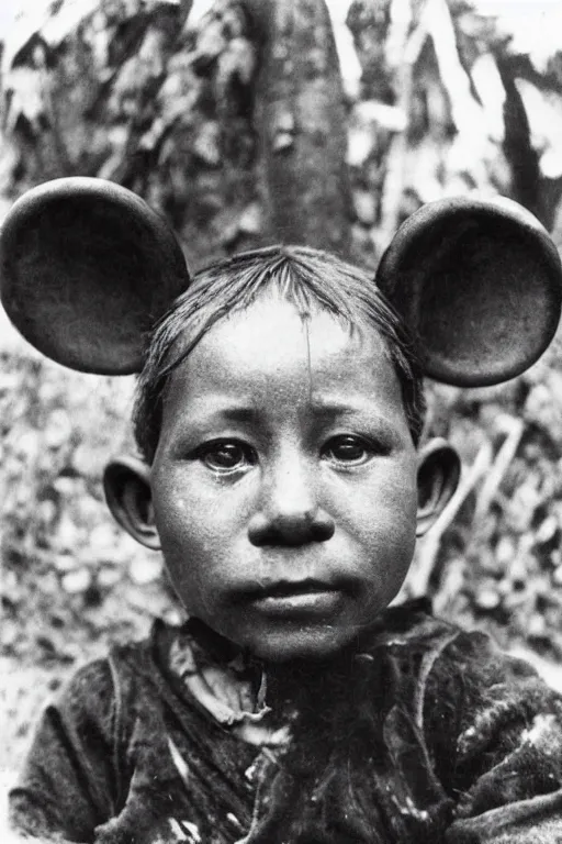 Prompt: a 1 9 0 5 colonial closeup portrait photograph of mickey mouse in a village at the river bank of congo, thick jungle, portrait shot