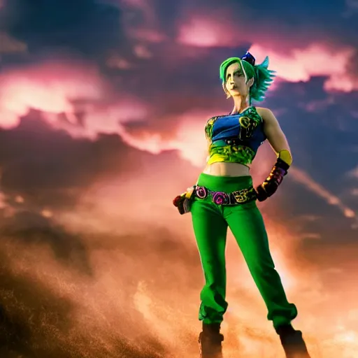 Prompt: cinematic scene with emily blunt as jolyne from jojo's bizarre adventure, live action film, stone ocean, dramatic, small details, volumetric lighting, still frame