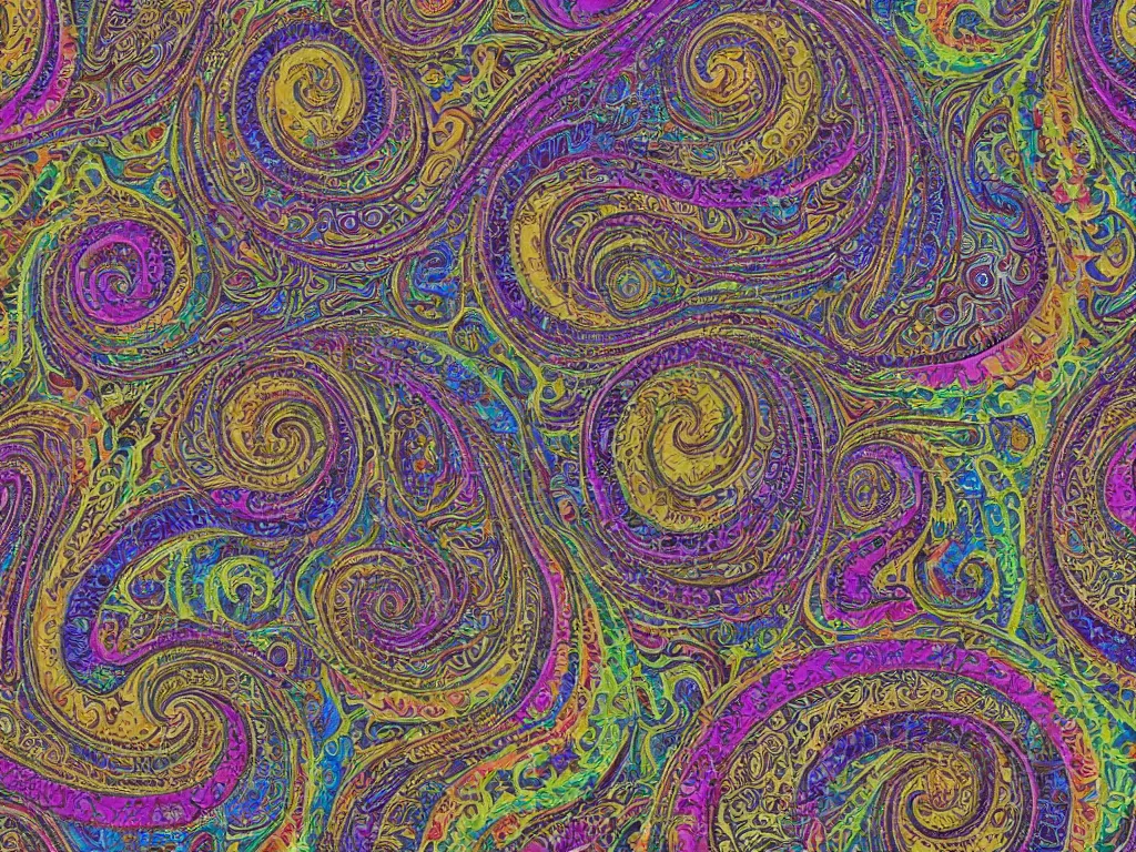 Prompt: swirling maze fractal haeckel paisley multicolor