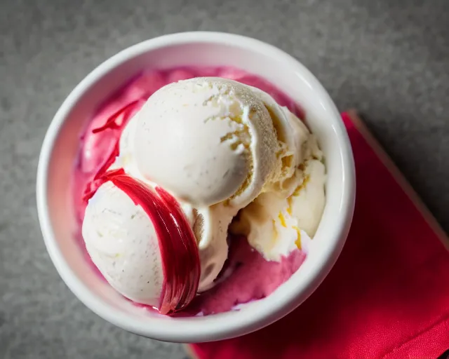 Prompt: dslr food photograph of vanilla ice cream with red onion and ketchup, 8 5 mm f 1. 4