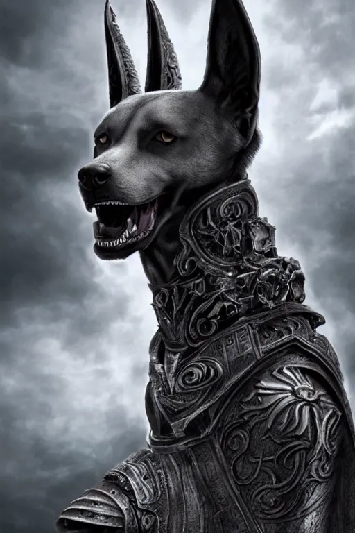 Image similar to Dog as Death Anubis, detailed face, gorgeous, amazing, flowing hair, very muscular plush male body, partial anatomy, stormy background, caesar victorious, proud Emperor, crepuscular ray, intricate, highly detailed, 8K, digital painting, fantasy, artstation, concept art, sharp focus, over-shoulder shot, illustration, art by Wayne Barlowe and alphonse mucha