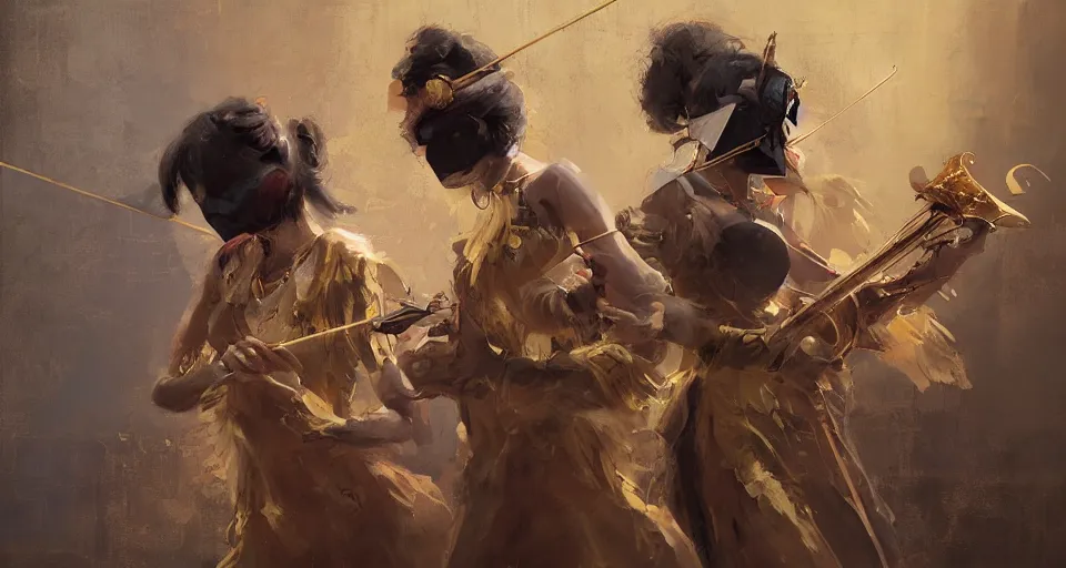 Image similar to craig mullins and ghibli digital art of on the stage, a masked female violinists ， exotic costumes, gold jewelry, black hair, realistic shading, cinematic composition, realistic render, octane render, detailed textures, photorealistic, wide shot