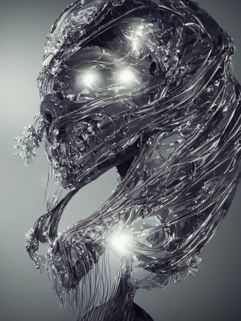 Image similar to epic futuristic close-up macro portrait of the face of a beautiful queen, epic angle and pose, symmetrical artwork, 3d with depth of field, blurred background, cybernetic jellyfish crystal, obsidian, female face skull phoenix bird, translucent, nautilus, energy flows of water and fire. a highly detailed epic cinematic concept art CG render , made in Maya, Blender and Photoshop, octane render, excellent composition, cinematic dystopian brutalist atmosphere, dynamic dramatic cinematic lighting, aesthetic, very inspirational, arthouse, by Greg Rutkowski, Ilya Kuvshinov, WLOP, Stanley Artgerm Lau, Ruan Jia and Fenghua Zhong.