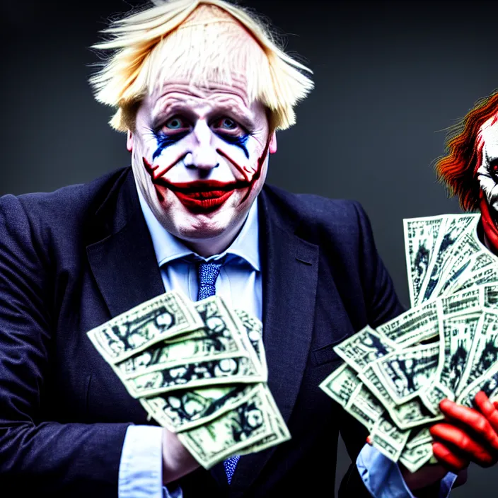 Image similar to photo of boris johnson dressed like satan and the joker holding bundles of cash, highly detailed, 4 k, hdr, smooth, sharp focus, high resolution, award - winning photo