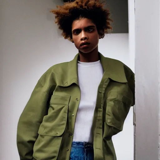 Prompt: realistic photoshooting for a new ssense lookbook color film photography portrait of a beautiful woman model wearing a workwear jacket, photo in style of tyler mitchell