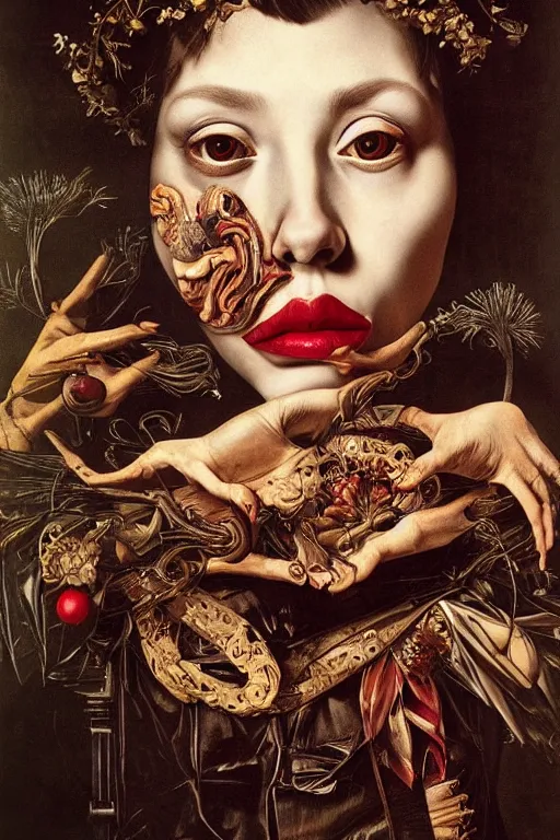 Image similar to Detailed maximalist portrait with large lips and with large, wide eyes, expressive, extra flesh, HD mixed media, 3D collage, highly detailed and intricate, surreal, illustration in the style of Caravaggio, dark art, baroque