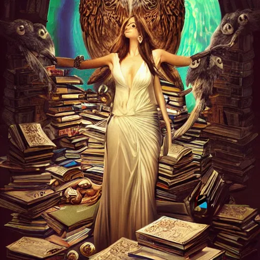 Prompt: a portrait of ornella muti as the goddess minerva surrounded by stacks of books, and owls, bioluminescent gown with deep level of detail of esoteric symbols, intricate, elegant, highly detailed, digital painting, trending on artstation, concept art, smooth sharp focus, illustration, art by artgerm and greg rutkowski