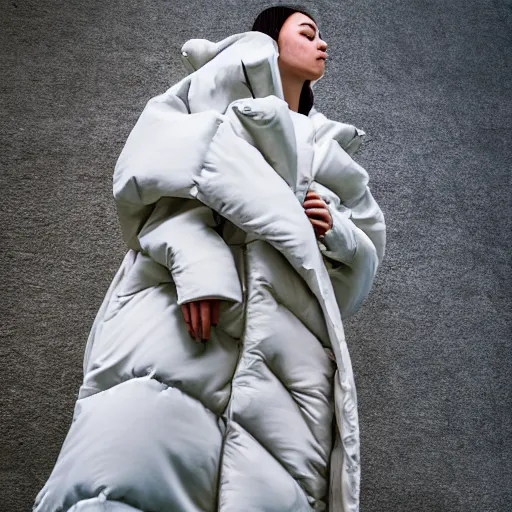 Prompt: well lit fashion shoot portrait of extremely beautiful gal godot marble statue wearing huge over size puffer jacket by dingyun zhang, yeezy, balenciaga, vetements, a cold wall, sharp focus, clear, detailed,, cinematic, detailed, off white, glamourous, symmetrical, vogue, editorial, fashion, magazine shoot, glossy