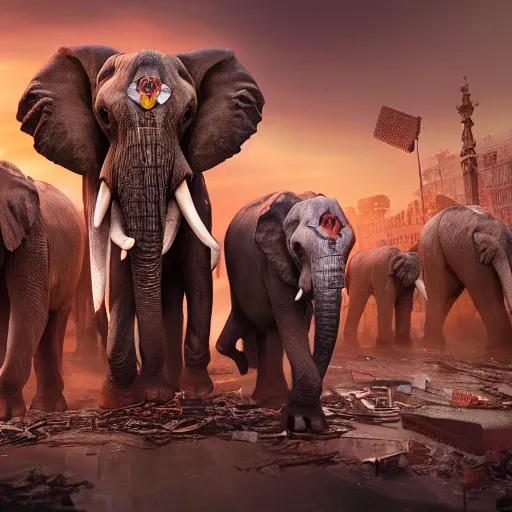 Image similar to giant zombie elephants destroying a city