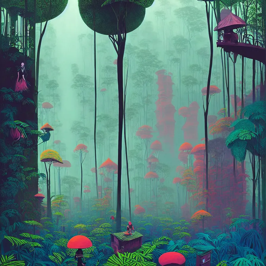 Image similar to surreal gediminas pranckevicius, malaysia jungle, summer morning, very coherent and colorful high contrast art by james gilleard james gurney floralpunk screen printing woodblock, dark shadows, pastel color, hard lighting, stippled light, art nouveau, film noir