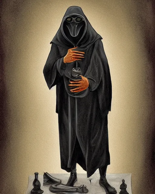 Image similar to a man in black hooded robes holding a plague doctor mask in hand, detailed art by greg rukowtski