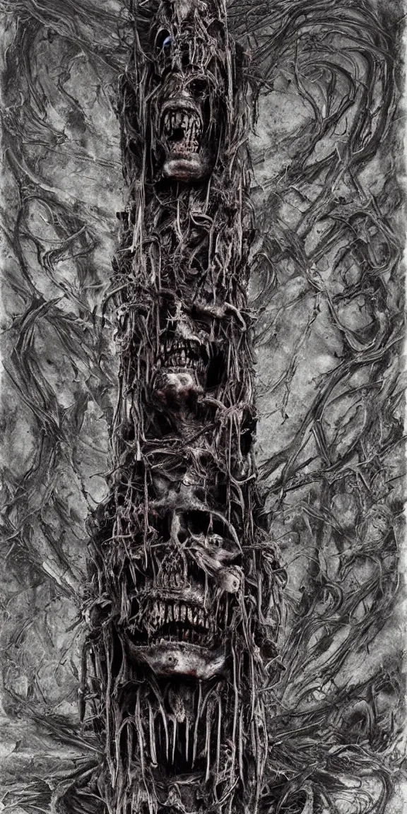 Prompt: totem pole made of skin blood skulls, in a giger artwork, psycho stupid fuck it insane, looks like death but cant seem to confirm, various refine techniques, micro macro autofocus, to hell with you, later confirm hyperrealism, set back dead colors, devianart craze