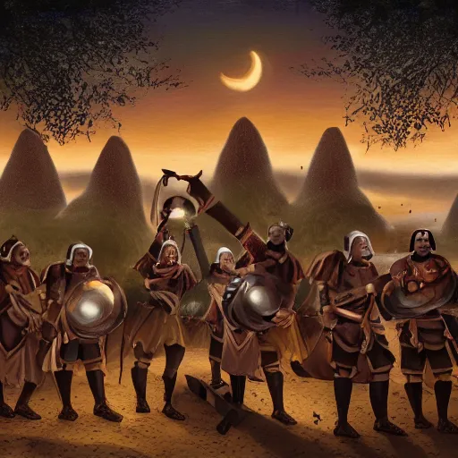 Image similar to A group of armoured Spanish conquistadors holding lanterns on a sandy beach Cove in middle of a magical forest in a dark night. Inca ruins in the background. Pale crescent moon in the sky. detailed digital painting, artstation