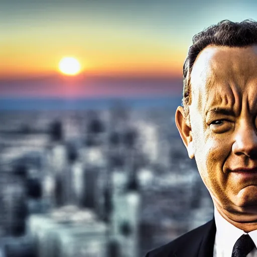 Prompt: a portrait of tom hanks taken on the balconey of a tall building at sunset, photoreal, 4 k, photograph