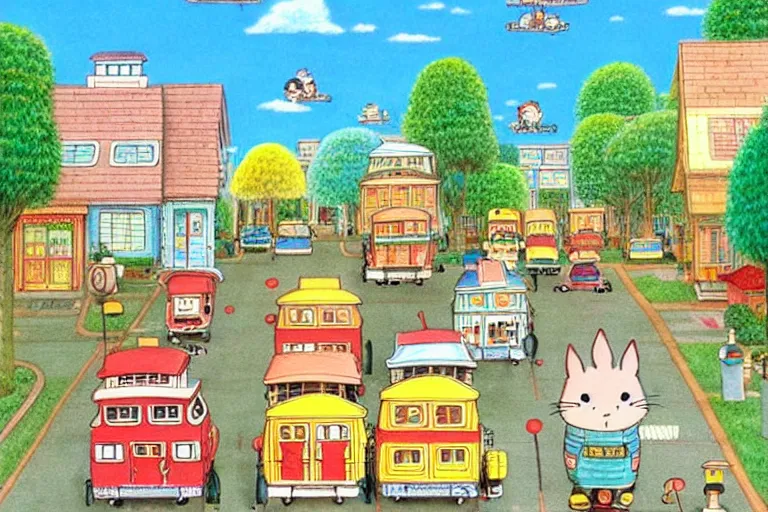 Image similar to an elaborate painting of a peaceful neighborhood, detailed, penned illustrations, by richard scarry and studio ghibli!!!!!!!!!!!