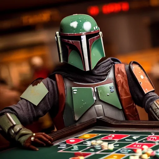 Image similar to photo of Boba fett playing roulette, high quality, cinematic, 4k, strong bokeh