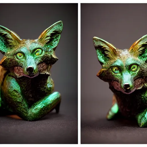 Image similar to Portrait photography of a terrifying Emerald fox sculpture