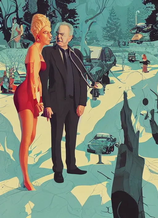 Prompt: poster artwork by Michael Whelan and Tomer Hanuka, Karol Bak of Bill Murray hosting the local beauty pageant, from scene from Twin Peaks, clean