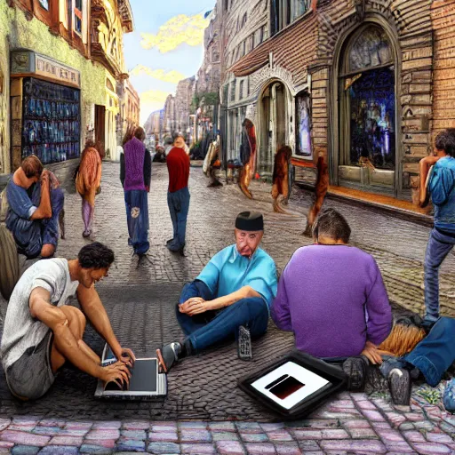 Image similar to a group of realistic bums using laptops near on street, highly detailed, intricate, sharp focus, digital art, 8 k