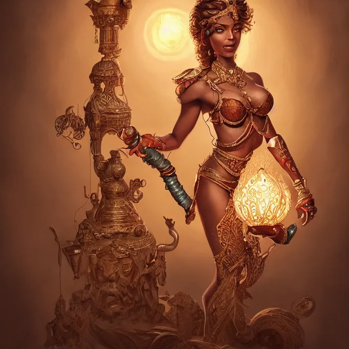 Image similar to a short haired genie, female, young, brown hair, brown skin, abs, emerging from her lamp, confident and smiling, insanely detailed and intricate, hypermaximalist, elegant, ornate, hyper realistic, super detailed, Art Deco, cinematic, trending on artstation, magic the gathering artwork, centered