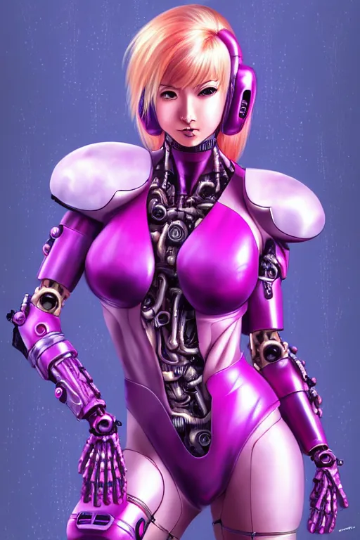 Image similar to samus aran, kowloon cyberpunk, biomechanical oppai, rain, purple and pink neon, by artgerm and kaneko and sorayama and alphonse mucha, trending on artstation