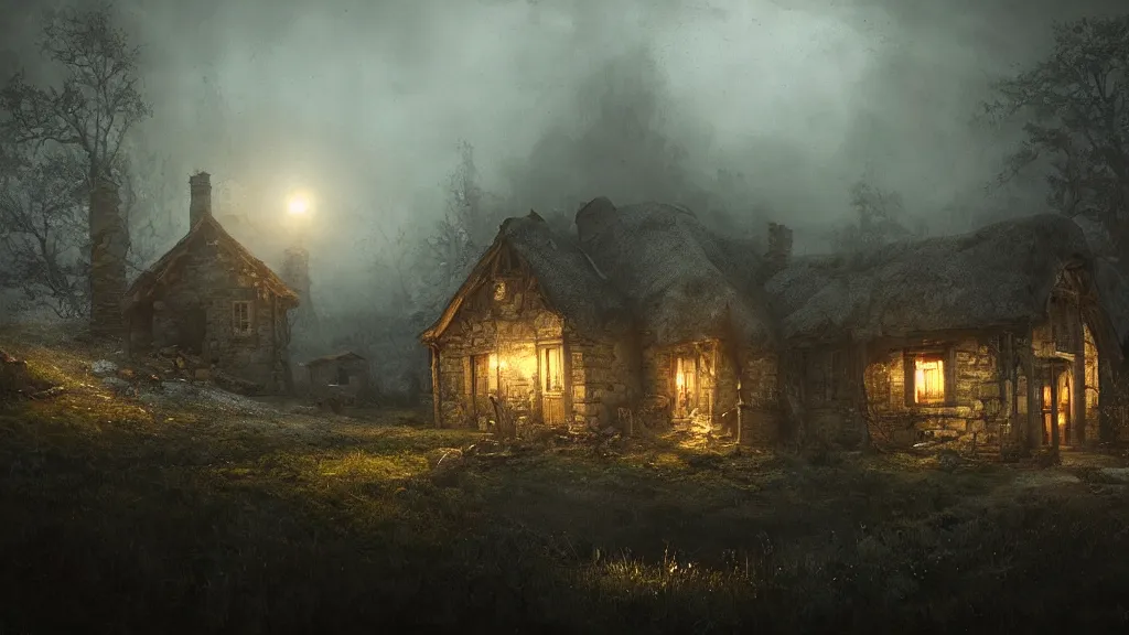 Prompt: A dark decrepit cottage on a hilltop at night, by Bastien LeCouffe-Deharme, hyperrealistic, Cryengine 8k UHD