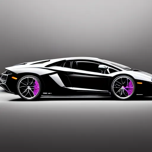 Image similar to isometric view of a black painted Lamborghini Aventador SV with purple highlights