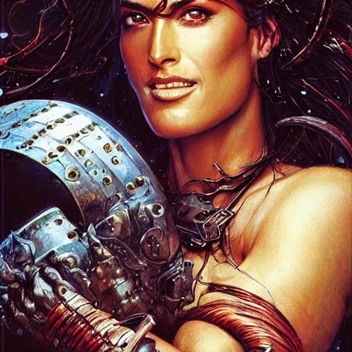 Image similar to muscular beautiful salma hayek wearing armor tombow artwork greg staples , dug stanat, norman rockwell , christophe young eytan zana , rumiko takahashi