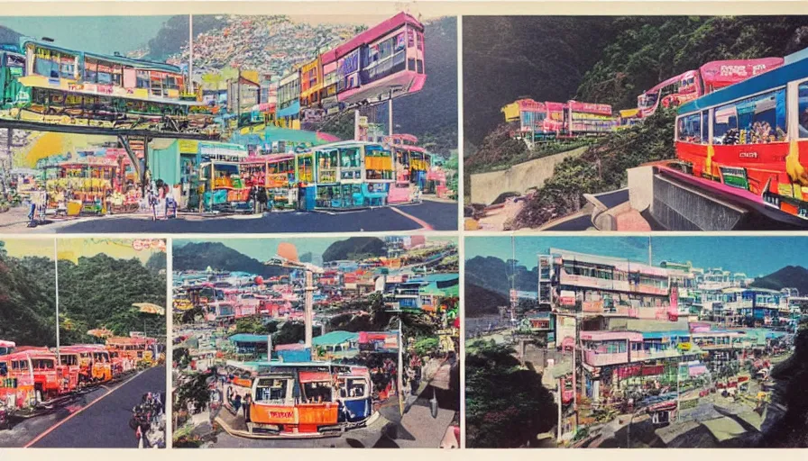 Image similar to A 1980s Japanese advertisement for a futuristic dream mountain town eco city themed like Jiufen, cable cars, flying cars, escalators, colorful