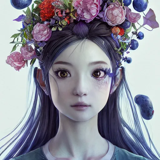 Image similar to the portrait of a blueberry that resembles an absurdly beautiful, graceful, elegant, sophisticated anime girl, an ultrafine hyperdetailed illustration by kim jung gi, irakli nadar, intricate linework, bright colors, octopath traveler, final fantasy, unreal engine 5 highly rendered, global illumination, radiant light, detailed and intricate environment