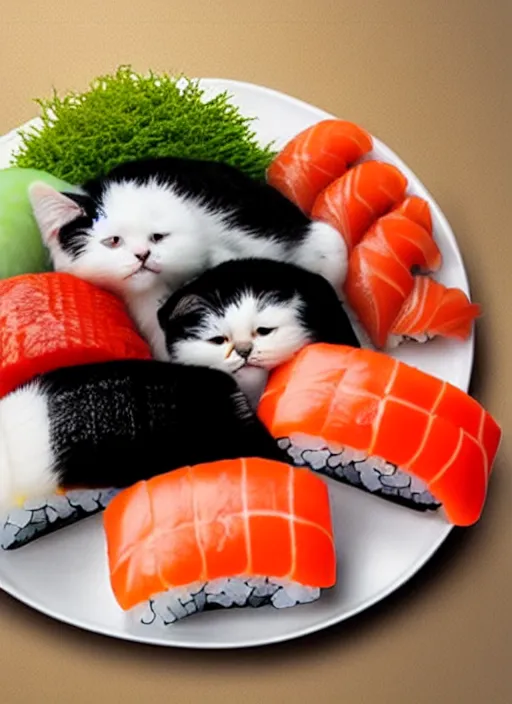 Image similar to clear photorealistic picture of adorable cats made out of sushi